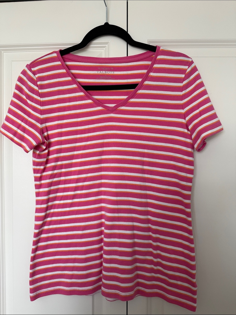 Talbots Pink, White & Orange Striped V-Neck Short Sleeve Tee